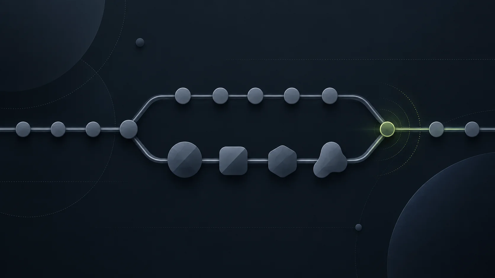 A dark illustration of a pipeline split into two lanes, one marked for automated passes and one for human decisions