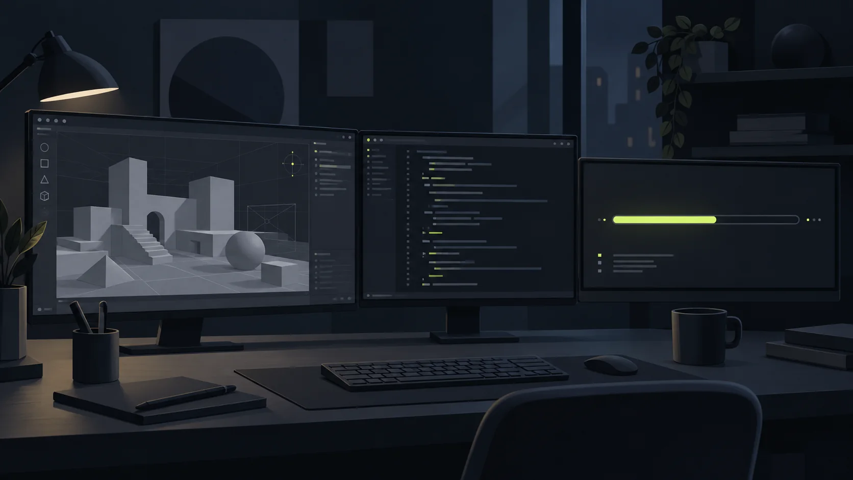 A dark editorial illustration of a production workspace: a 3D viewport, a terminal and a funding bar side by side
